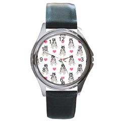 Little Husky With Hearts Round Metal Watch by SychEva