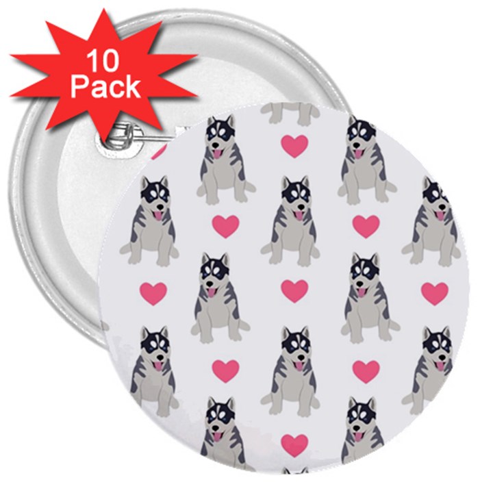 Little Husky With Hearts 3  Buttons (10 pack) 