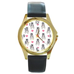 Little Husky With Hearts Round Gold Metal Watch by SychEva