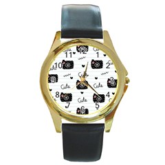 Cute Cameras Doodles Hand Drawn Round Gold Metal Watch by Sapixe