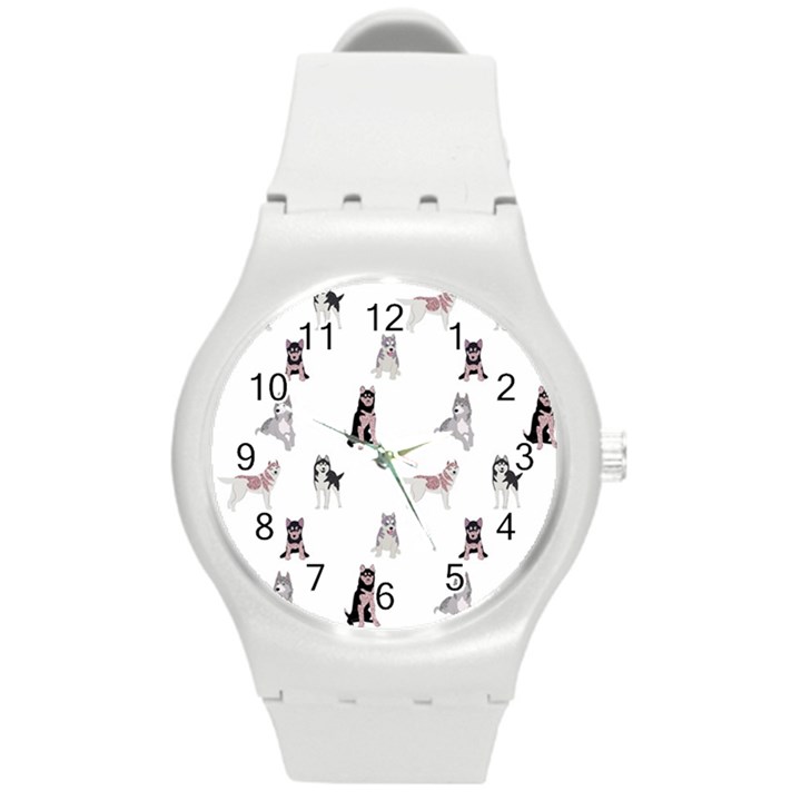 Husky Dogs With Sparkles Round Plastic Sport Watch (M)