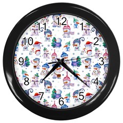 Cute Snowmen Celebrate New Year Wall Clock (black) by SychEva