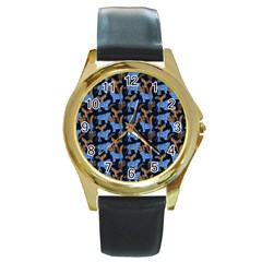 Blue Tigers Round Gold Metal Watch by SychEva