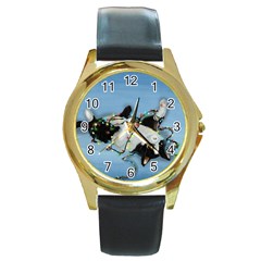 Christmas Cat Round Gold Metal Watch by Blueketchupshop