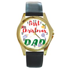 First Christmas As A Dad Round Gold Metal Watch by LemonPear