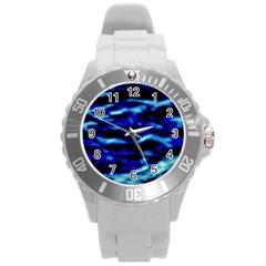 Blue Waves Abstract Series No8 Round Plastic Sport Watch (l) by DimitriosArt