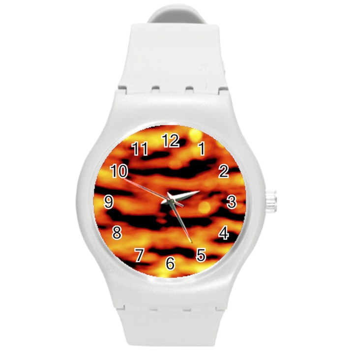 Red  Waves Abstract Series No5 Round Plastic Sport Watch (M)