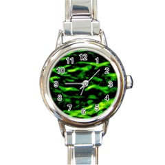 Green  Waves Abstract Series No3 Round Italian Charm Watch by DimitriosArt