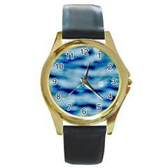 Blue Waves Abstract Series No5 Round Gold Metal Watch by DimitriosArt