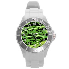 Green  Waves Abstract Series No11 Round Plastic Sport Watch (l) by DimitriosArt