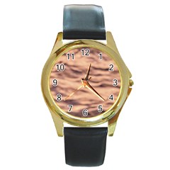 Pink  Waves Abstract Series No5 Round Gold Metal Watch by DimitriosArt