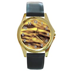 Yellow  Waves Abstract Series No10 Round Gold Metal Watch by DimitriosArt