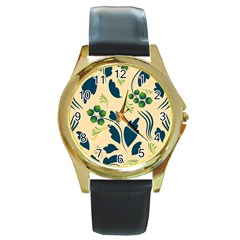 Folk Flowers Print Floral Pattern Ethnic Art Round Gold Metal Watch by Eskimos