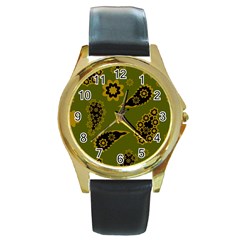 Floral Pattern Paisley Style Paisley Print  Doodle Background Round Gold Metal Watch by Eskimos