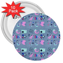 50s Diner Print Blue 3  Buttons (10 Pack)  by NerdySparkleGoth