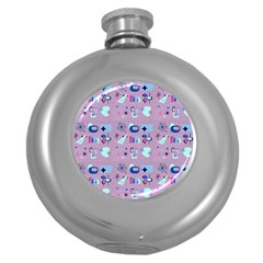 50s Diner Print Pink Round Hip Flask (5 Oz) by NerdySparkleGoth