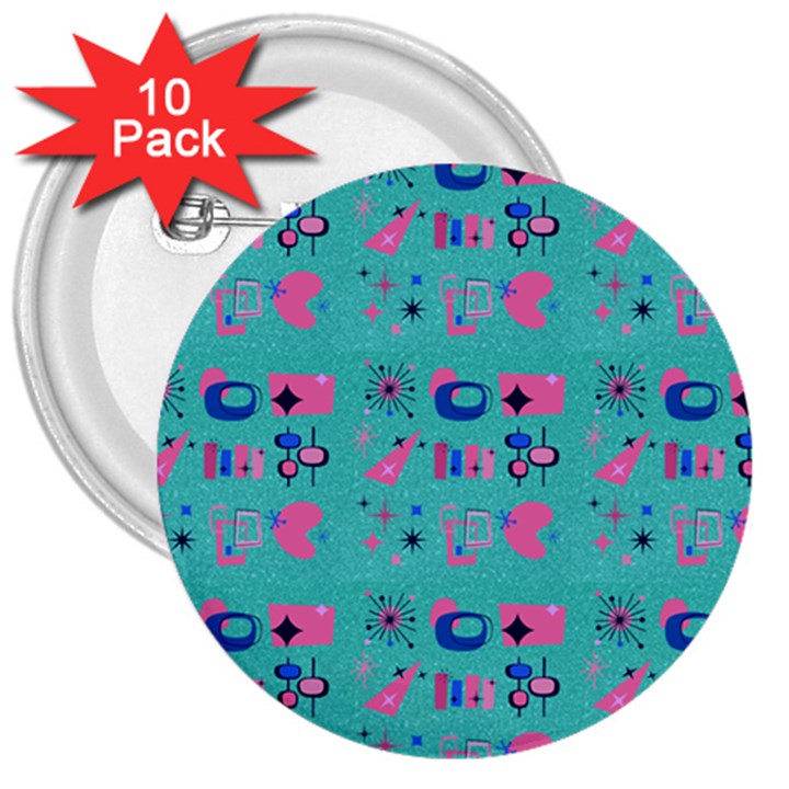 50s Diner Print Mint Green 3  Buttons (10 pack) 