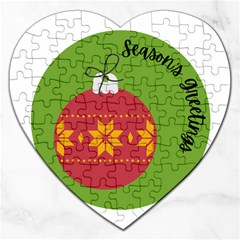 Seasons Greeting Christmas Ornament  Jigsaw Puzzle (heart) by mountainmushroomfamily