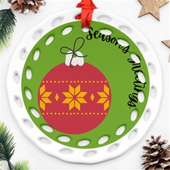 Seasons Greeting Christmas Ornament  Ornament (round Filigree) by mountainmushroomfamily