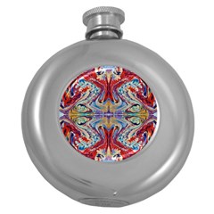 Red Feathers Round Hip Flask (5 Oz) by kaleidomarblingart