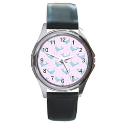 Narwales Stars  Pattern Pink Round Metal Watch by Littlebird