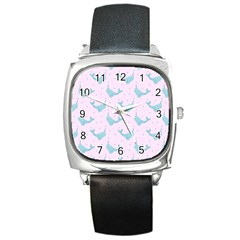 Narwales Stars  Pattern Pink Square Metal Watch by Littlebird