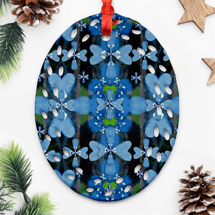 Rare Excotic Blue Flowers In The Forest Of Calm And Peace Ornament (Oval Filigree)