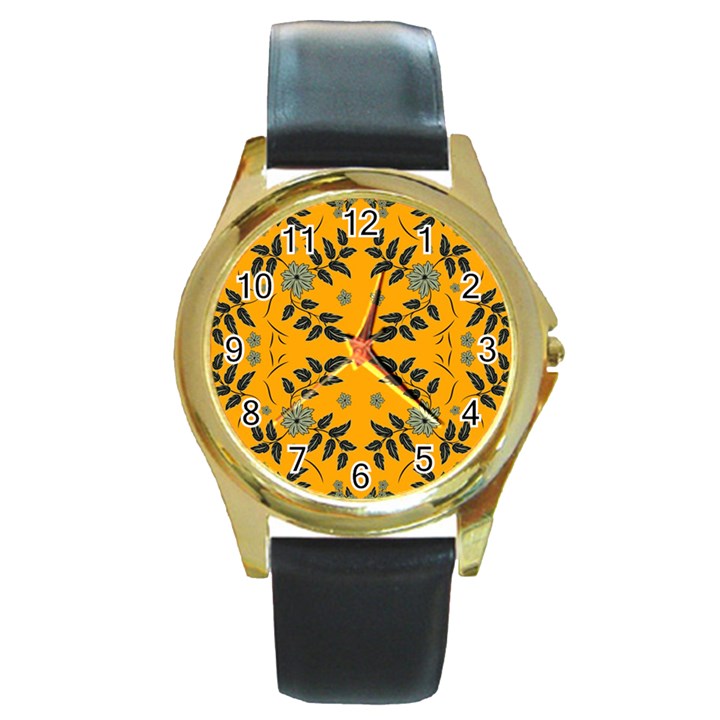 Floral folk damask pattern Fantasy flowers Floral geometric fantasy Round Gold Metal Watch