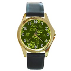 Folk Flowers Print Floral Pattern Ethnic Art Round Gold Metal Watch by Eskimos