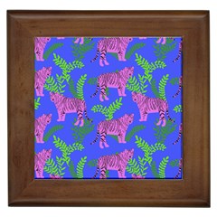 Pink Tigers On A Blue Background Framed Tile by SychEva