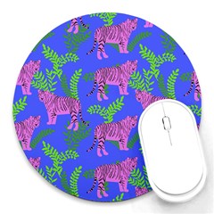 Pink Tigers On A Blue Background Round Mousepads by SychEva