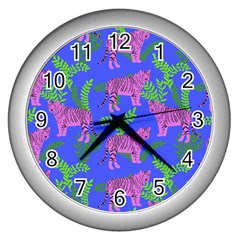 Pink Tigers On A Blue Background Wall Clock (silver) by SychEva