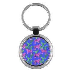 Pink Tigers On A Blue Background Key Chain (round) by SychEva