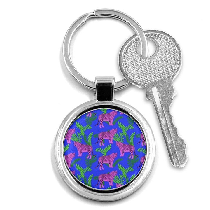 Pink Tigers On A Blue Background Key Chain (Round)