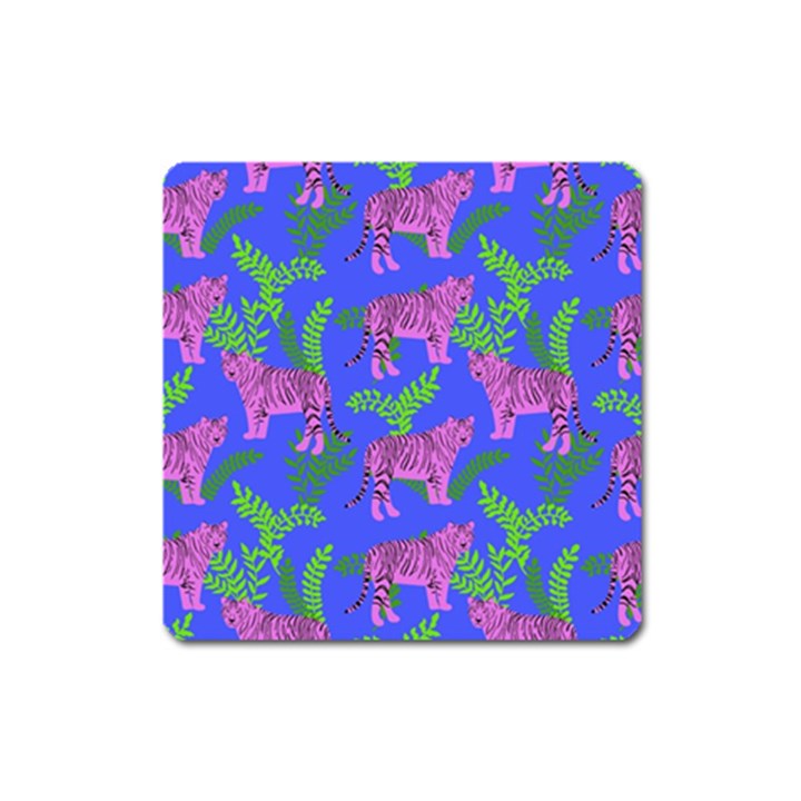 Pink Tigers On A Blue Background Square Magnet