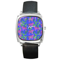 Pink Tigers On A Blue Background Square Metal Watch by SychEva