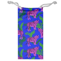 Pink Tigers On A Blue Background Jewelry Bag by SychEva