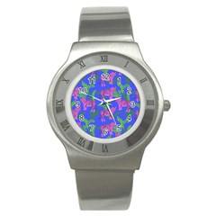 Pink Tigers On A Blue Background Stainless Steel Watch by SychEva