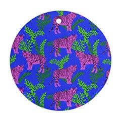 Pink Tigers On A Blue Background Round Ornament (two Sides) by SychEva