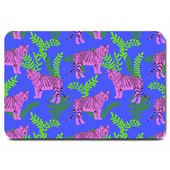 Pink Tigers On A Blue Background Large Doormat  by SychEva