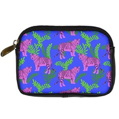 Pink Tigers On A Blue Background Digital Camera Leather Case by SychEva