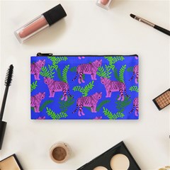 Pink Tigers On A Blue Background Cosmetic Bag (small) by SychEva