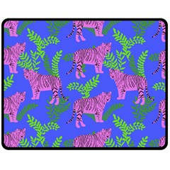 Pink Tigers On A Blue Background Fleece Blanket (medium)  by SychEva