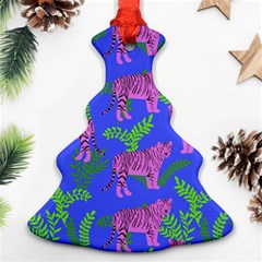 Pink Tigers On A Blue Background Christmas Tree Ornament (two Sides) by SychEva