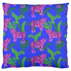 Pink Tigers On A Blue Background Large Cushion Case (two Sides) by SychEva