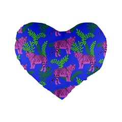 Pink Tigers On A Blue Background Standard 16  Premium Heart Shape Cushions by SychEva