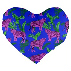 Pink Tigers On A Blue Background Large 19  Premium Heart Shape Cushions by SychEva