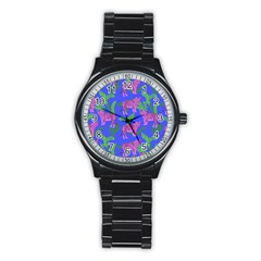 Pink Tigers On A Blue Background Stainless Steel Round Watch by SychEva