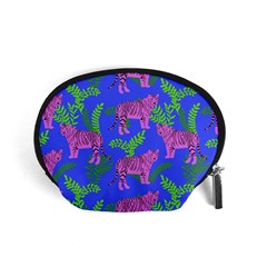 Pink Tigers On A Blue Background Accessory Pouch (small) by SychEva