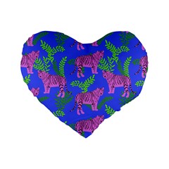 Pink Tigers On A Blue Background Standard 16  Premium Flano Heart Shape Cushions by SychEva